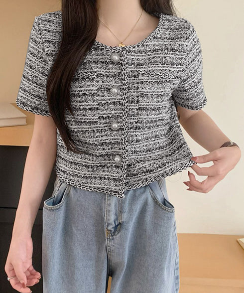 ツイード風ジャケットノーカラージャケット レディース パールボタン オフィス夏服 ショート丈アウター フォーマル カーディガン きれいめ羽織り サマージャケット夏 86SSJL-022